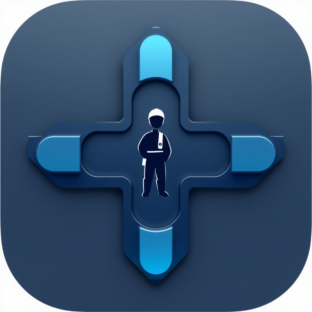 An abstract plus sign formed by interlocking shapes (perhaps representing collaboration or protection), with a clear, simplified worker silhouette positioned prominently within the overall plus structure.