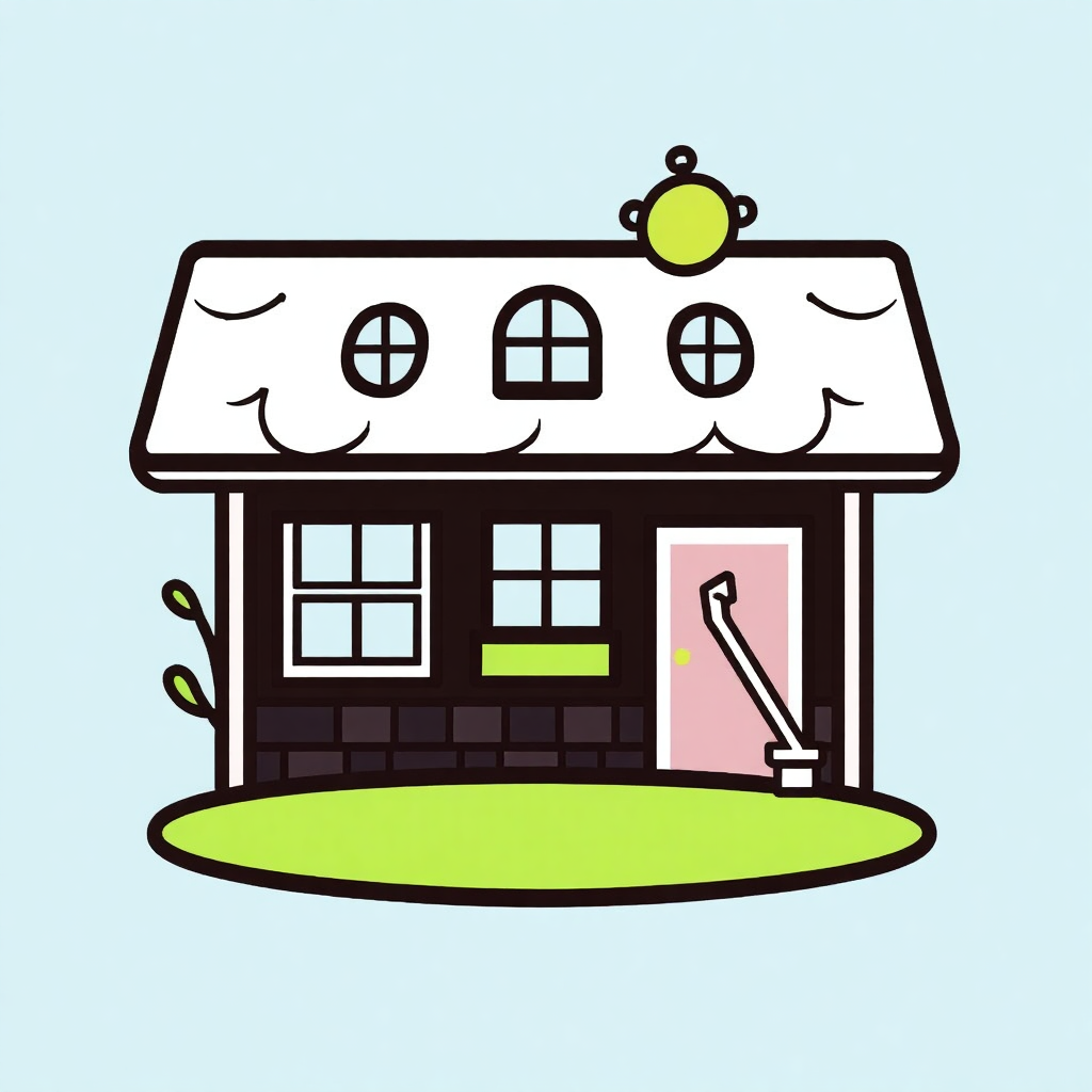 The image is an illustration of a small house with a white roof and a pink door. The house has three windows on the front and a chimney on the roof. There is a small garden in front of the house with green grass and a small tree on the left side. On top of the roof, there is a yellow ball with a smiley face drawn on it. The background is light blue. The overall style of the illustration is simple and cartoon-like.