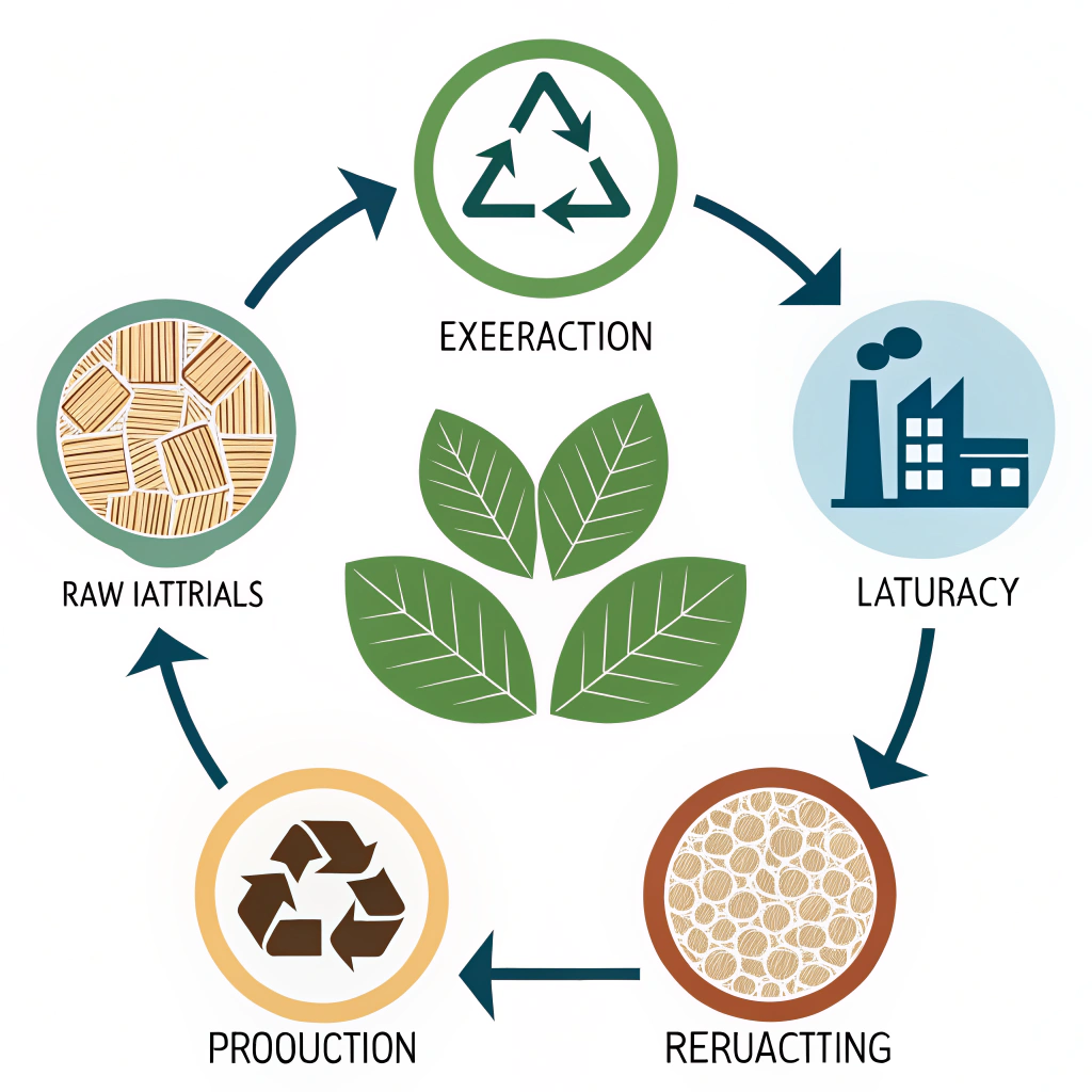 Circular Economy Flow: A seamless pattern visually depicting the stages of a material's lifecycle (extraction, production, use, recycling, remanufacturing) using interconnected arrows, icons (e.g., leaf for raw material, factory for production, recycle symbol), and textures representing material states.