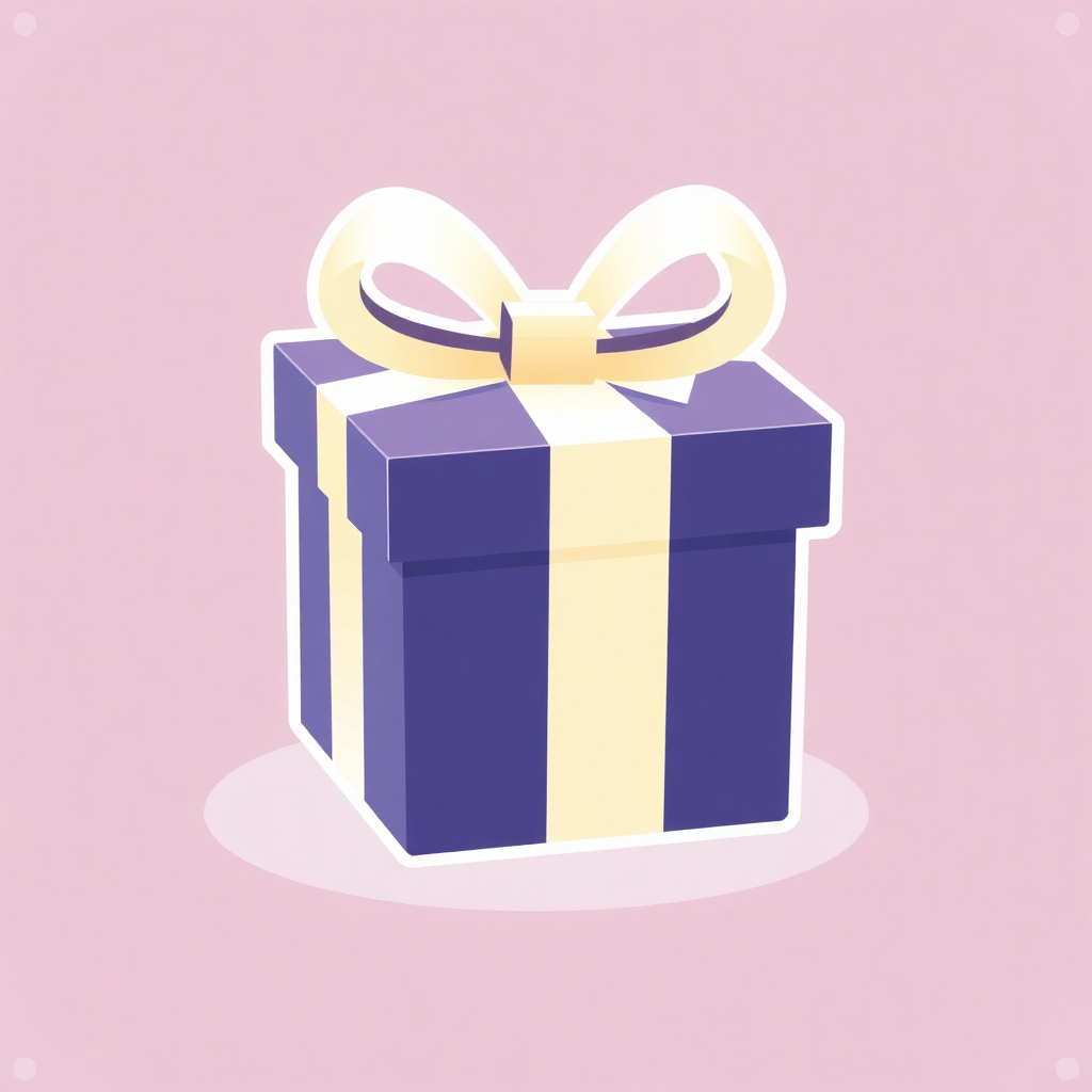 The image is a digital illustration of a gift box. The box is rectangular in shape and has a blue and white striped pattern on the sides. It has a large gold ribbon tied in a bow on top. The background is a light pink color with small white dots scattered throughout. The overall design is simple and minimalistic.