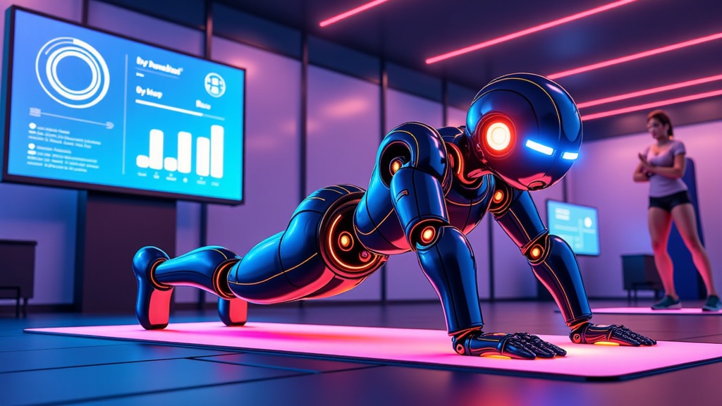  a 3D rendering of a robot in a gym. The robot is in a plank position on a pink mat, with its arms and legs stretched out in front of it. It has a round head with red eyes and a blue body. In the background, there is a large screen with graphs and charts on it, and a woman standing in the gym with her arms crossed. The room is dimly lit with pink and blue neon lights. The overall mood of the image is futuristic and technological.