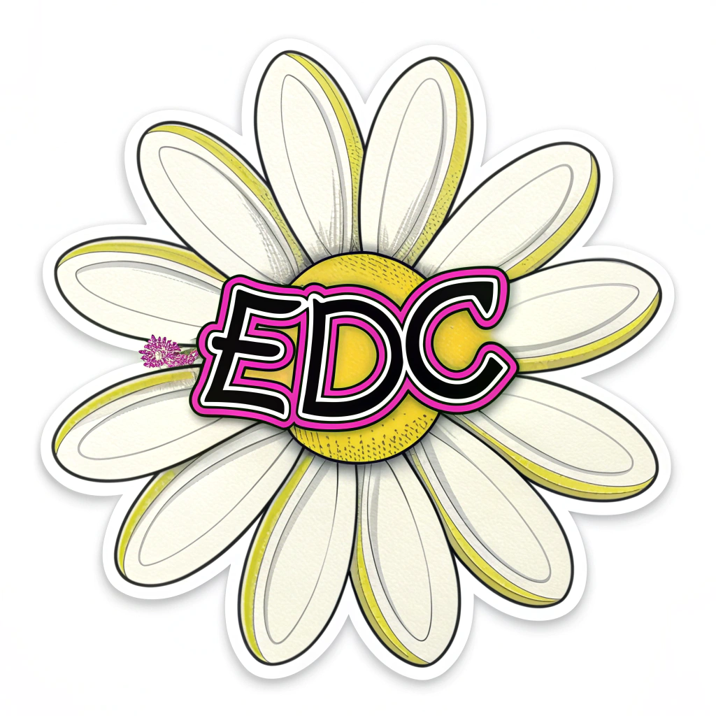 Simple Idea (Icon/Logo Focus): A stylized, instantly recognizable daisy icon sticker. Each petal is a solid, bright neon color. The center prominently features 'EDC' in a custom, bold sans-serif font that has a subtle electric glow or outline, making it pop.