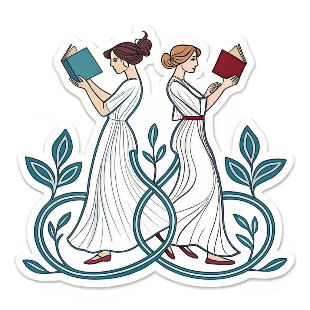 A design incorporating intertwined female figures holding books, signifying collaboration and shared learning.