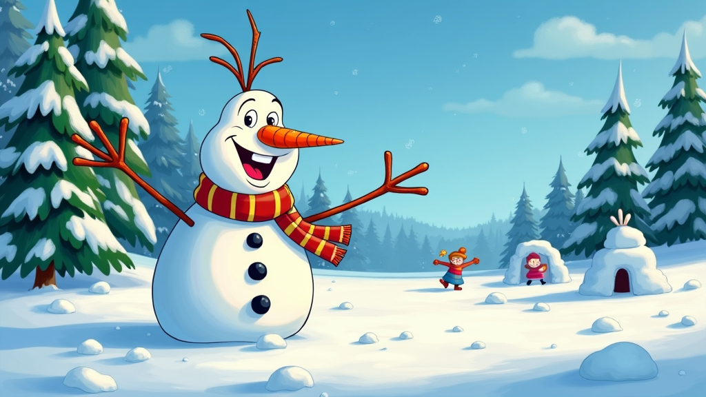 The image shows Olaf the snowman standing in the snow with his arms outstretched, surrounded by two children playing in the background. The scene is set in a wintery landscape with trees covered in snow and a sky filled with clouds. The image is animated, giving it a lively and cheerful atmosphere.