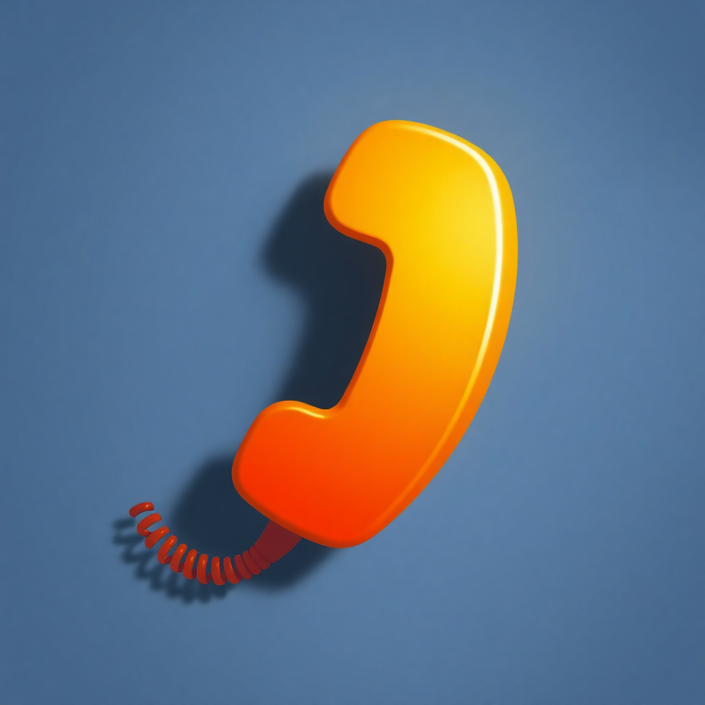 The image is a 3D rendering of an orange telephone receiver on a blue background. The receiver is curved and has a red cord attached to it. The cord appears to be made of metal and is coiled around the receiver. The background is a solid blue color, and the receiver is the only object in the image. The image has a minimalistic and modern design.