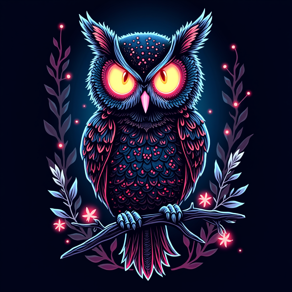 Sub-Design Idea 2: Nocturnal Creature Feature - A stylized nocturnal animal (e.g., owl, fox, moth) adorned with neon accents or patterns. Its eyes could glow, and the background might feature a subtle, dark rendition of a garden with glowing highlights, tying into 'Neon Garden Nocturne'.