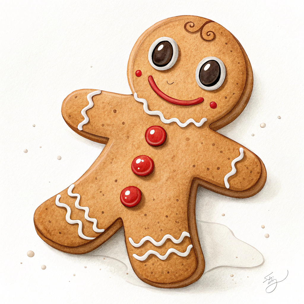 The image shows a gingerbread man with a smile on his face, painted in brown, white, and red colors against a white background.