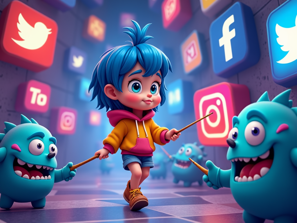 The Clickbait Maze: A child character navigates a maze made of social media icons. 'Clickbait Critters' (cartoonish monsters with fishing rods baited with 'likes') try to lure them down wrong paths representing online traps. Safe paths are well-lit, leading to exits like 'Real Friends Chat' or 'Learning Portal'.
