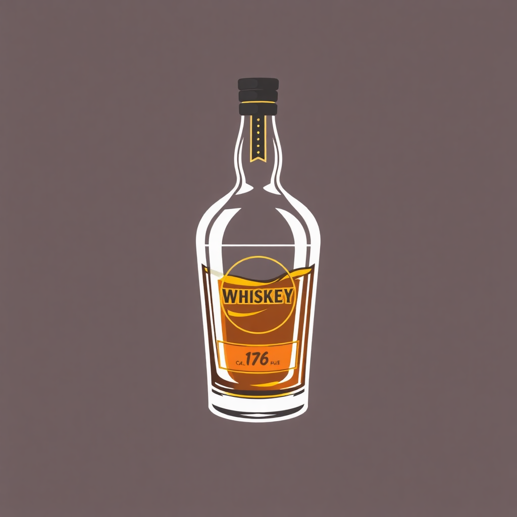 The image is a digital illustration of a bottle of whiskey. The bottle is made of glass and has a black cap. The label on the bottle is orange and has the word WHISKEY written in bold letters at the top. Below the word, there is a smaller text that reads 176. The background is a light brown color. The overall design is simple and minimalistic.