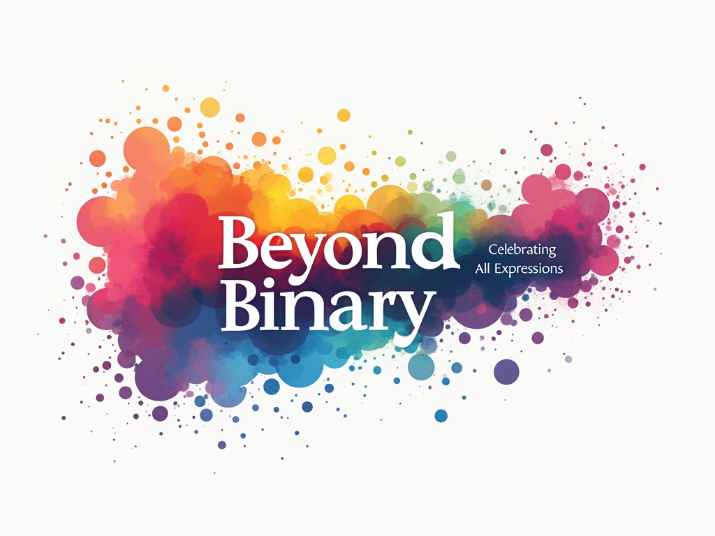 Spectrum of Self: A design featuring an artistic representation of a flowing spectrum using diverse colors and abstract shapes, symbolizing the vastness of gender identities. Text: 'Beyond Binary' integrated within or alongside the spectrum, with 'Celebrating All Expressions' as a supportive tagline.