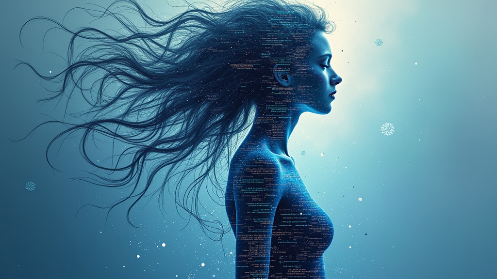 Algorithmic Muse Portrait: An abstract or surreal portrait of a muse-like figure. Parts of her form, hair, or attire are visibly constructed from or dissolving into algorithmic patterns, data streams, or complex geometric outputs, embodying 'GenAI Couture'.