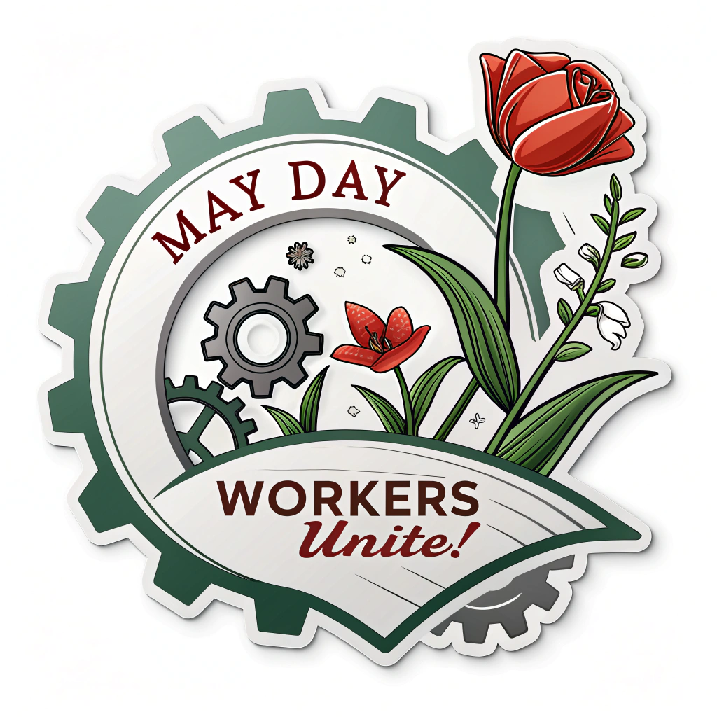 A design combining industrial elements (e.g., a gear) with spring imagery (e.g., a blooming flower or a green shoot), symbolizing the rebirth of workers' rights and the season. Text 'May Day' and 'Workers Unite!' integrated into the design. Colors: Mix of metallic greys with vibrant greens and reds.
