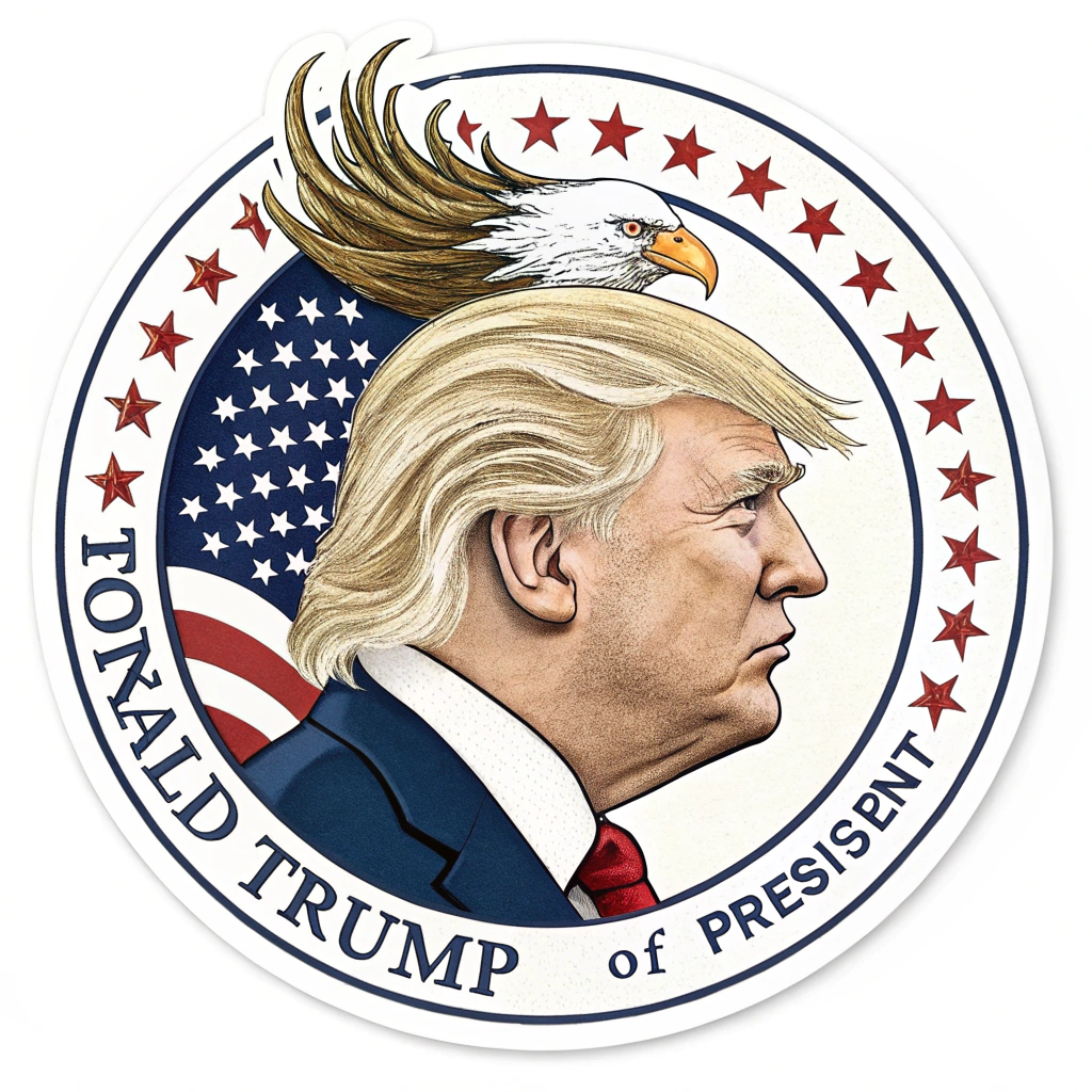 A sticker that merges Trump's signature hairstyle with the elements of the presidential seal, creating a humorous yet recognizable image.