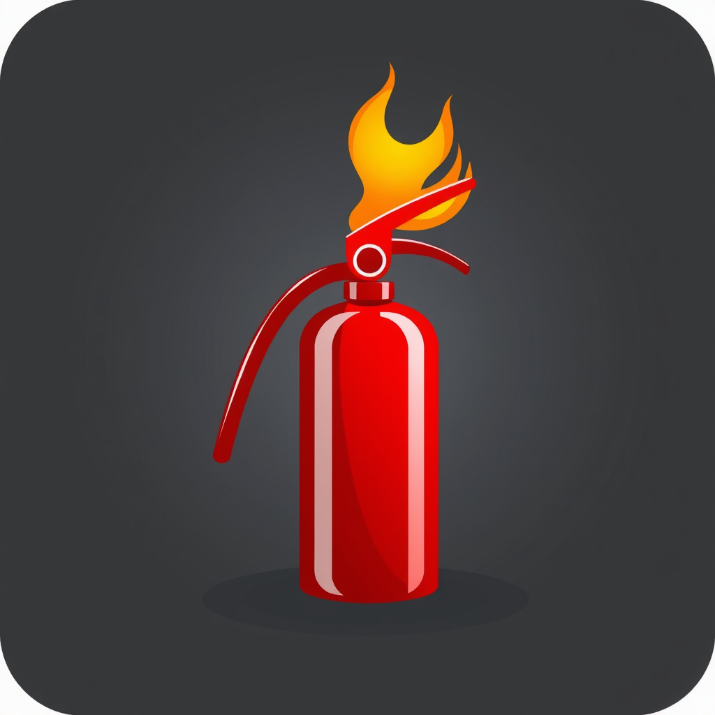 A red fire extinguisher with stylized flames licking up the side, conveying both the tool and the threat it combats.