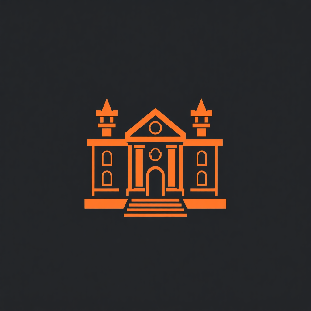 The image is a simple illustration of a building with a black background. The building is orange in color and has a rectangular shape with a flat roof and two towers on either side. The front of the building has a large arched entrance with a small window on the left side and a small door on the right side. There are two small windows on the front and a staircase leading up to the entrance. The overall design is simple and minimalistic.