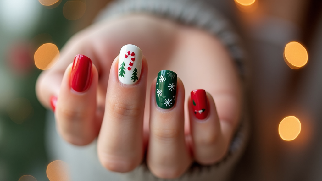  a close-up of a person's hand with their fingernails painted in a festive Christmas theme. The nails are painted in red and green colors, with white snowflakes and a candy cane design on each nail. The background is blurred, but it appears to be a blurred image of a Christmas tree with lights. The person is wearing a gray sweater, suggesting that the photo was taken during the holiday season.