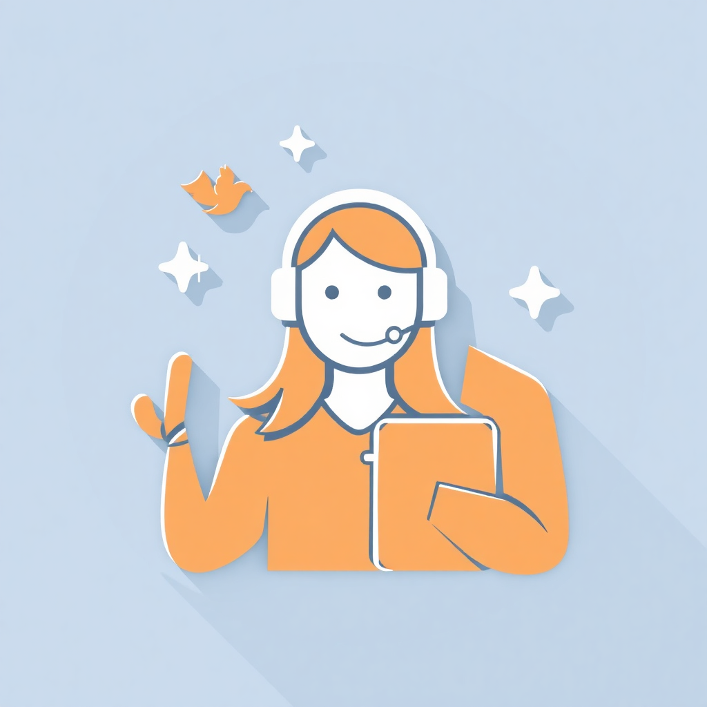 The image is an illustration of a woman wearing a headset and holding a tablet. She is wearing an orange shirt and has a smile on her face. The background is light blue with small white stars scattered around her. There is also a small orange bird flying in the top left corner of the image. The woman is giving a thumbs up with her right hand. The overall design is simple and cartoon-like.