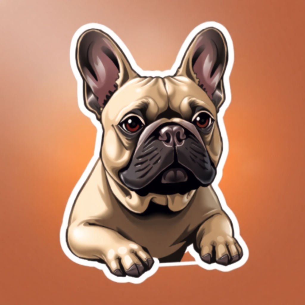 The image is a digital illustration of a French Bulldog. The dog is sitting on its hind legs with its front paws resting on the ground. It has a round head with large, pointed ears and a small nose. Its eyes are dark and round, and its mouth is slightly open, as if it is looking directly at the viewer. The background is a solid orange color. The overall style of the illustration is cartoon-like and playful.