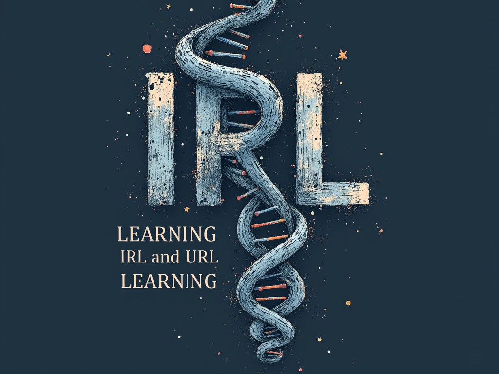 Intertwined Pathways: Use typography where the letters 'IRL' and 'URL' are creatively intertwined or connected by a flowing line or a stylized DNA strand, symbolizing the blended nature of hybrid learning. The full phrase 'Learning IRL and URL' can be a tagline below.