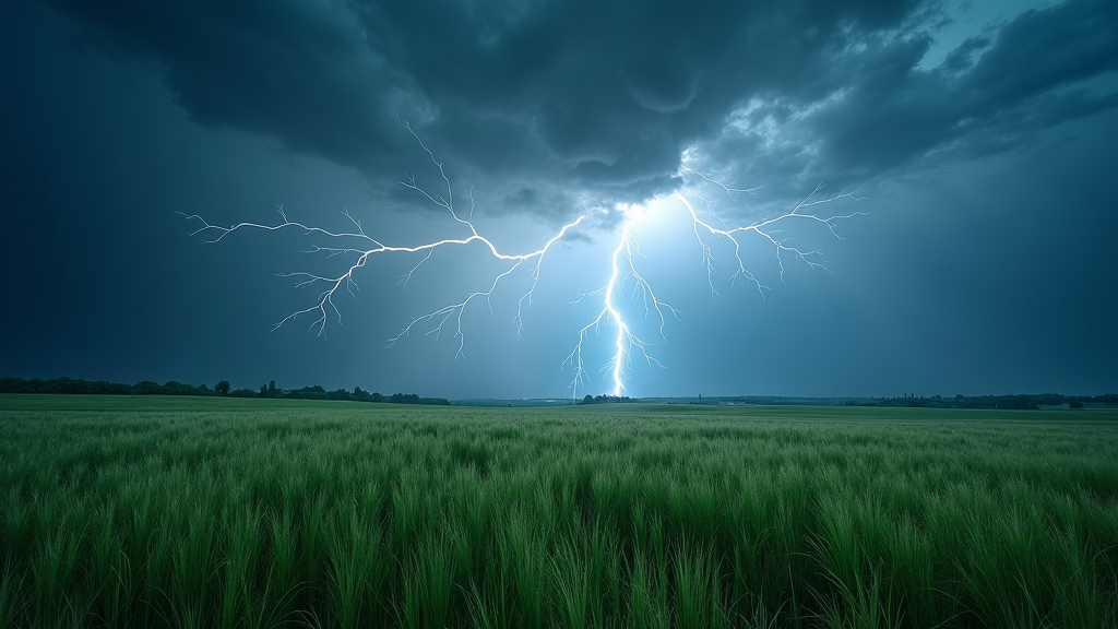 A captivating wallpaper showcasing a thunderstorm over a placid meadow. Lightning streaks electrify the sky, casting a surreal glow over the lush grasses below. The juxtaposition of calm earth with chaotic skies captures the paradox of tranquility amid tumult, presenting a dramatic yet serene portrayal of nature.