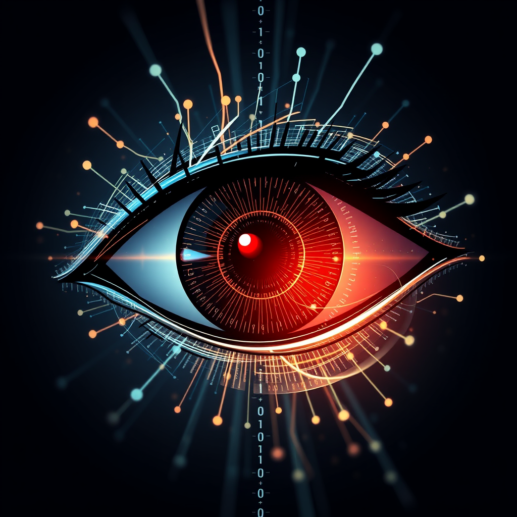 Digital Visionary Eye: An eye shape formed from abstract elements like flowing binary code (0s and 1s) or interconnected data points. A central, perhaps glowing, pupil acts as the focal point, representing insight into digital threats.