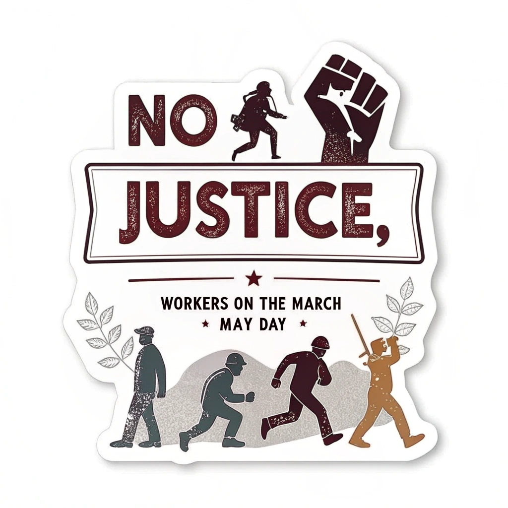 Design 3: Typographic Statement - The slogan 'No Justice, No Peace' dominates the sticker in a powerful, distressed or stencil-style font. 'Workers on the March' and 'May Day' act as secondary textual elements, possibly in a contrasting font or layout. Minimal imagery, focusing on text impact.