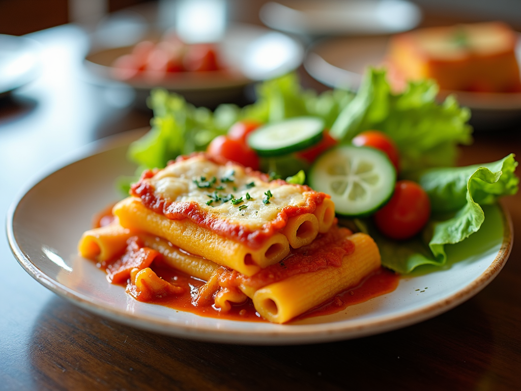 A beautifully arranged plate of baked ziti served with a side of green salad, highlighting the vibrant colors of fresh vegetables complementing the creamy and saucy pasta.