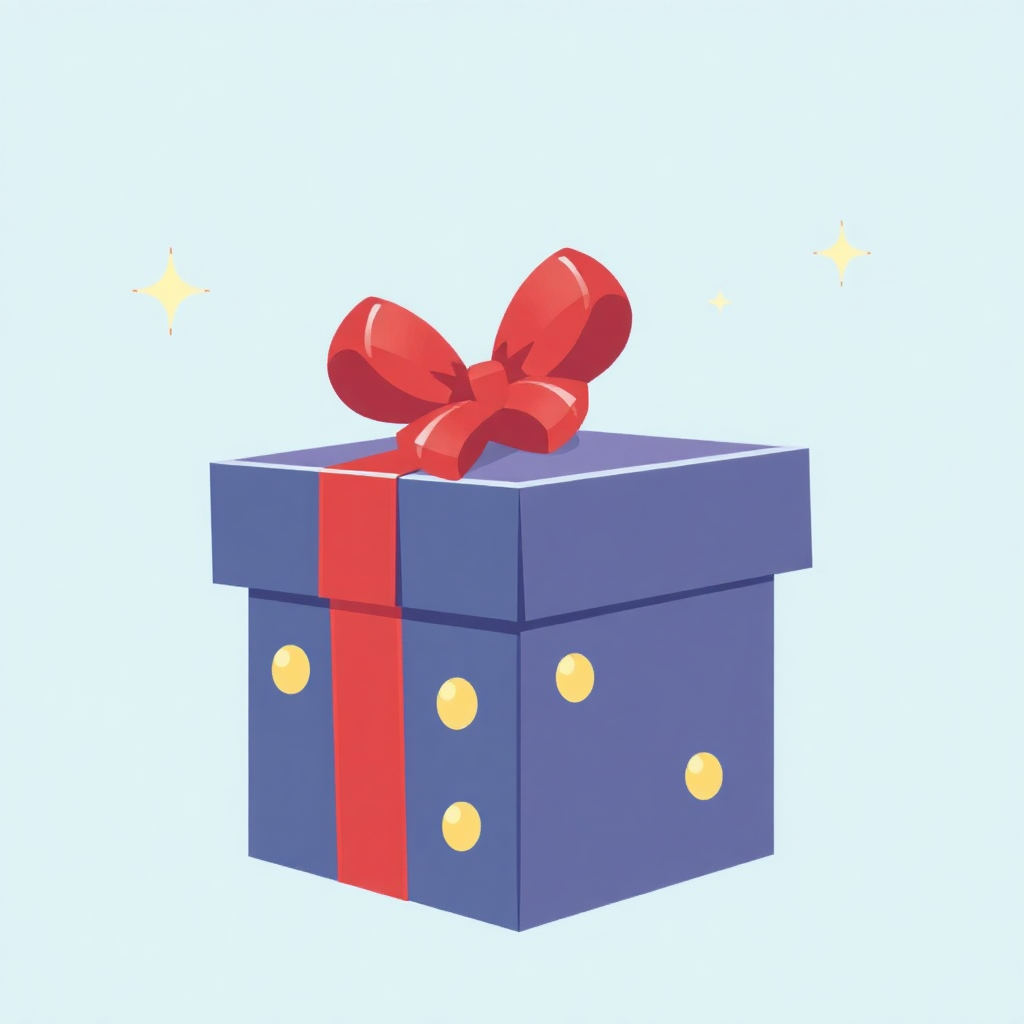 The image is an illustration of a blue gift box with a red ribbon tied in a bow on top. The box is rectangular in shape and has three small gold dots on the sides. The background is light blue with small yellow stars scattered around. The overall color scheme of the image is bright and cheerful.