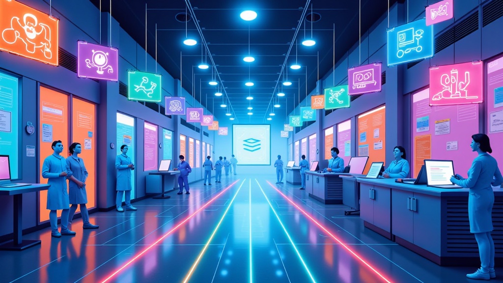 Illustrate a central AI hub with holographic displays showing real-time patient flow optimization. Visualize patient pathways as light trails moving efficiently through different hospital zones, with AI directing resources (staff, equipment) to where they are needed most based on predictive analytics.