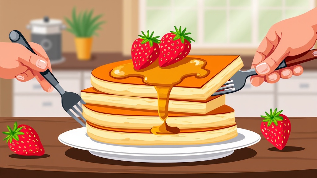  a stack of pancakes on a white plate. The pancakes are golden brown and appear to be freshly made. On top of the stack, there are three fresh strawberries with green leaves. A drizzle of syrup is being poured over the pancakes. A pair of hands are holding forks and are about to take a bite of the pancakes from the plate. In the background, there is a kitchen counter with a potted plant and a window. The overall color scheme of the image is warm and inviting.