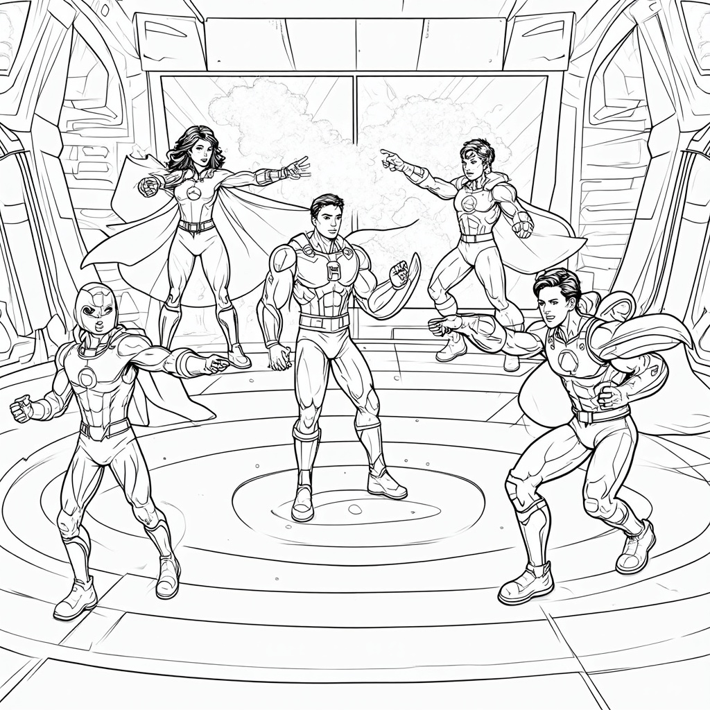 A coloring page portraying superheroes using their powers to overcome challenges in a training simulation.