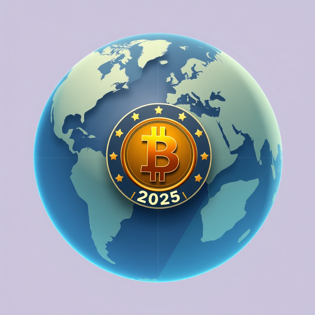 Continents depicted as overlapping, translucent 'ledger pages' forming a sphere. The Bitcoin symbol and '2025' are integrated as a central seal, emphasizing the 'Global Ledger' concept.