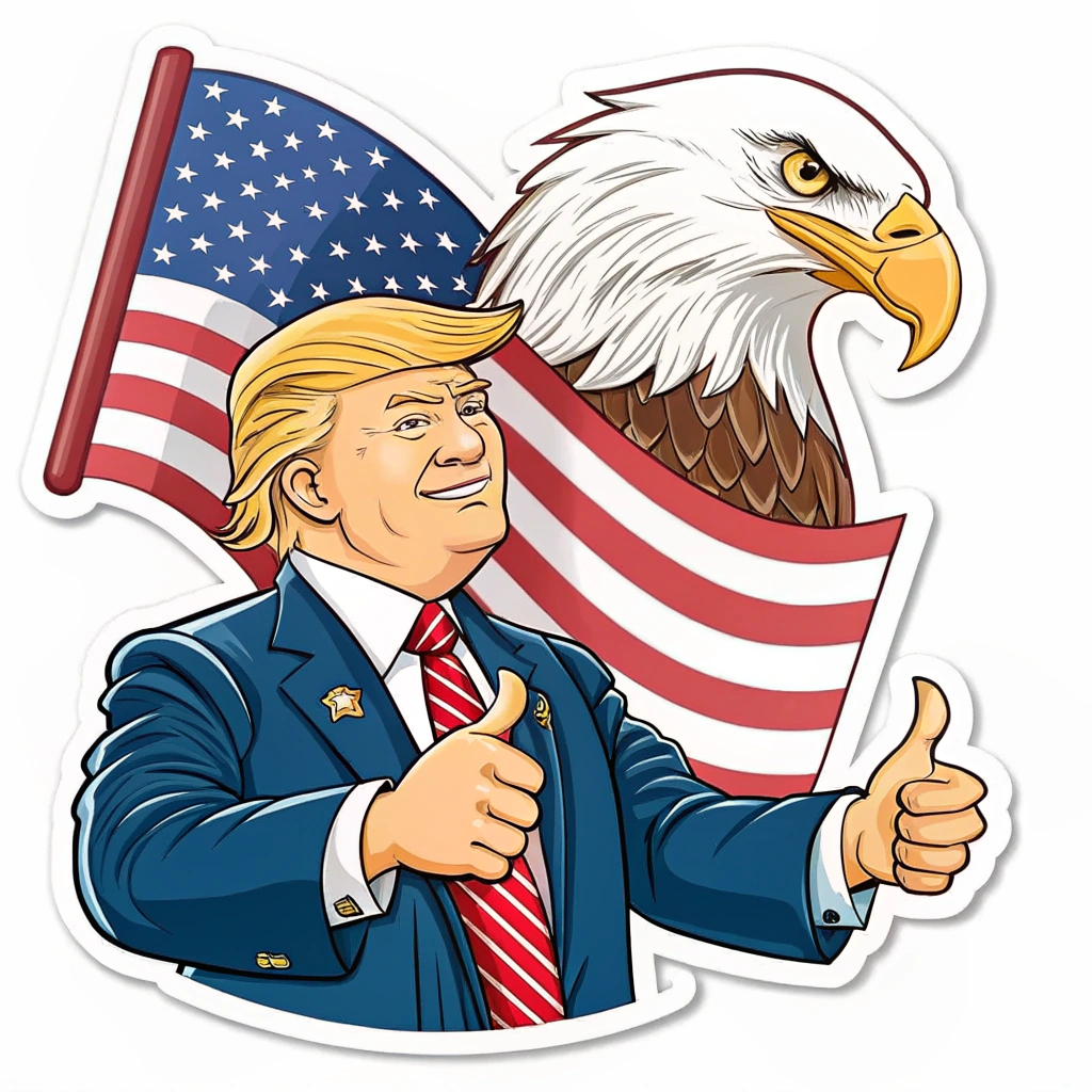 A cartoonish, yet patriotic design of Trump giving a thumbs-up, with an eagle in the background carrying a USA flag.