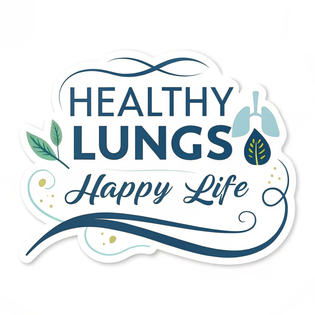 Simple logo-style element for sticker: A compact design where 'Healthy Lungs' is presented in a clean, bold font above 'Happy Life' in a flowing, friendly script, possibly with a subtle graphic element like a gentle breath swirl or a small leaf.