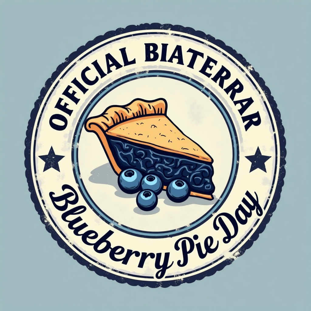 Create a circular, vintage-style badge with a distressed texture. Feature a simple illustration of a blueberry pie slice in the center. Wrap the text 'Official Blueberry Pie Taster' around the top edge and 'National Blueberry Pie Day' along the bottom edge.