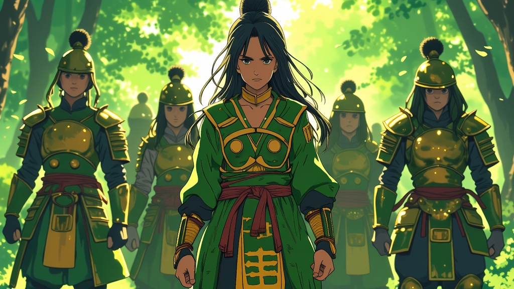 Suki, leading the Kyoshi Warriors, their outfits detailed and intimidating, standing as fierce defenders of justice and order in their tradition.