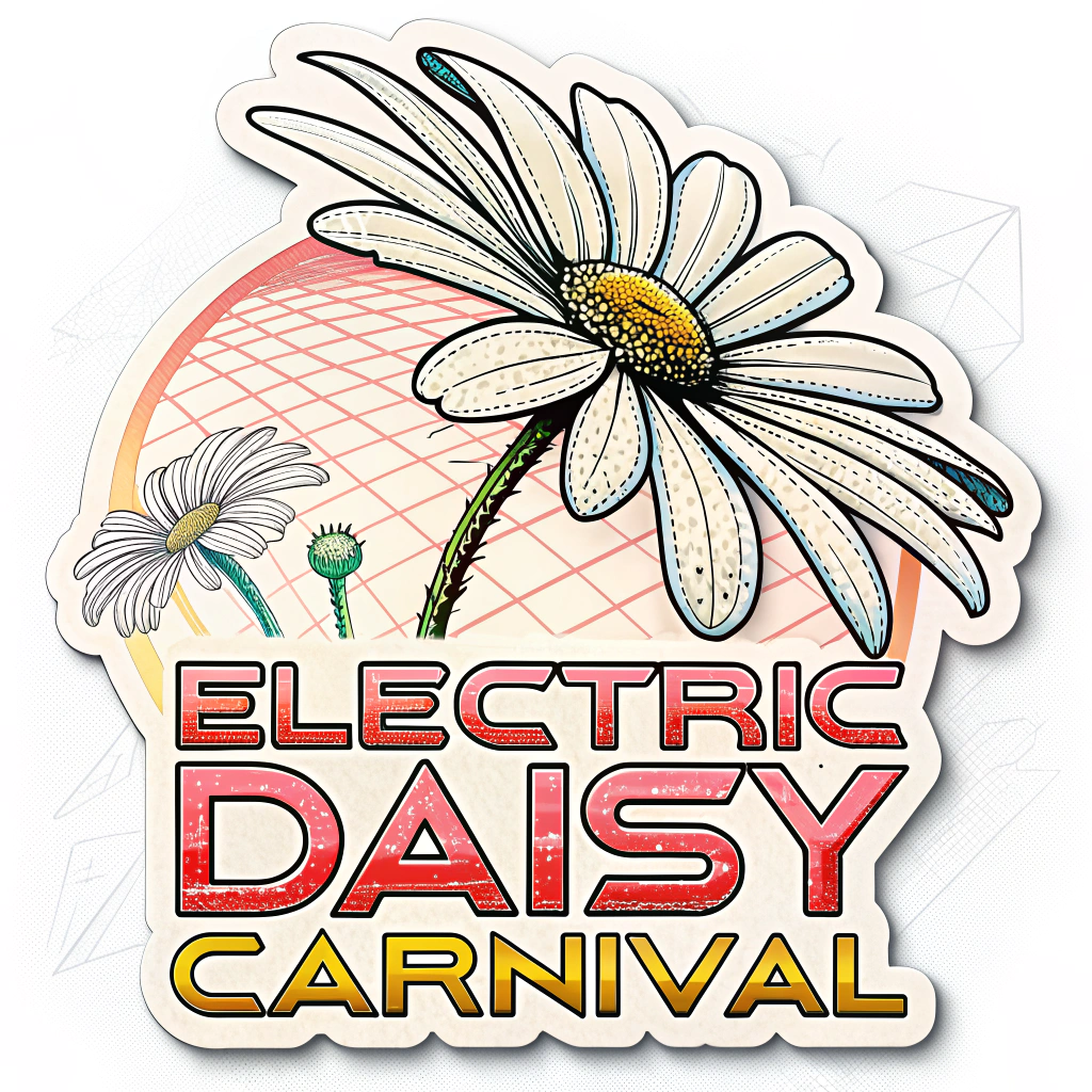 Retro-Futuristic Neon Daisy Profile: A side profile or stylized single daisy with sharp, angular petals outlined in bright neon. Incorporate chrome accents or a subtle grid background, giving it an 80s retro-futuristic vibe, with bold, blocky neon text for 'Electric Daisy Carnival'.