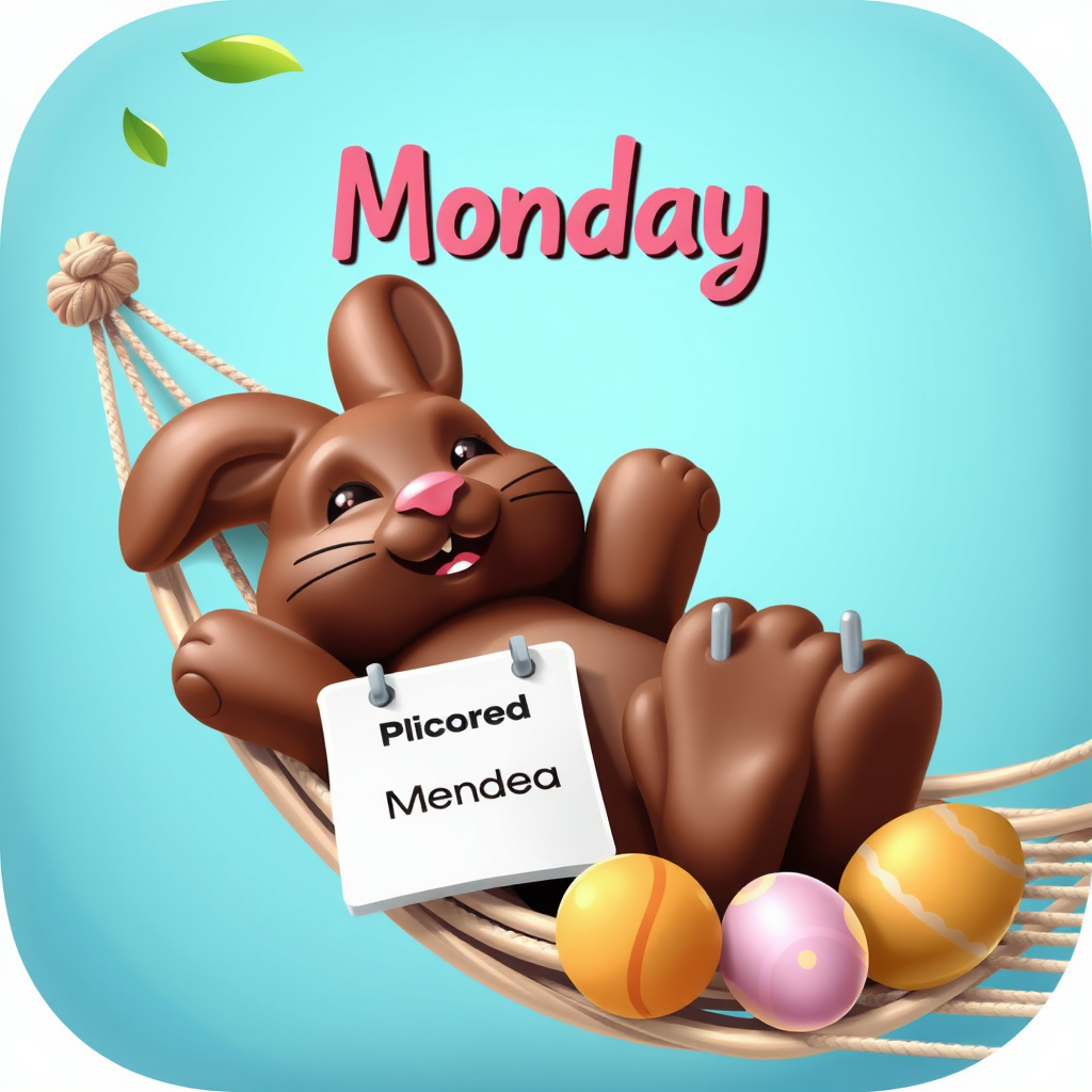 An icon featuring a chocolate bunny relaxing on a hammock with a calendar showing Monday