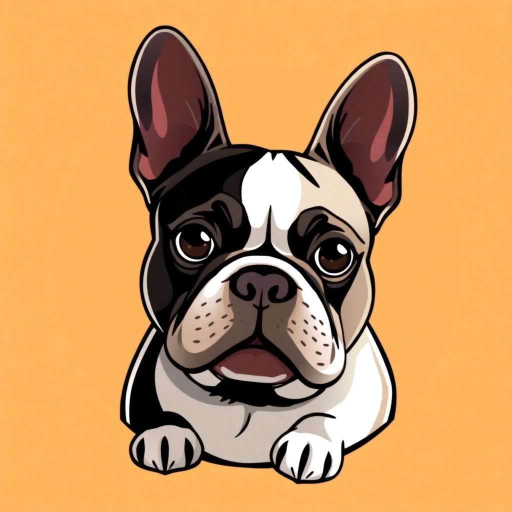 The image is a digital illustration of a French Bulldog dog. The dog is sitting on an orange background and is facing the viewer with its head slightly tilted to the side. It has a round face with big, expressive eyes and a small nose. Its ears are large and pointed, and its fur is black and white with a hint of brown. Its mouth is slightly open, as if it is looking directly at the viewer. Its paws are stretched out in front of it, and it appears to be resting its head on its front paws. The overall style of the illustration is cartoon-like and playful.