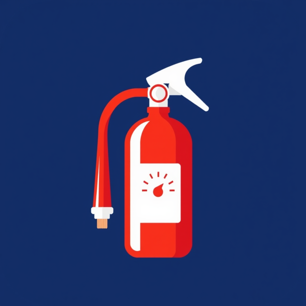 A fire extinguisher icon using flat design with a bright red color and a clear white nozzle and gauge.