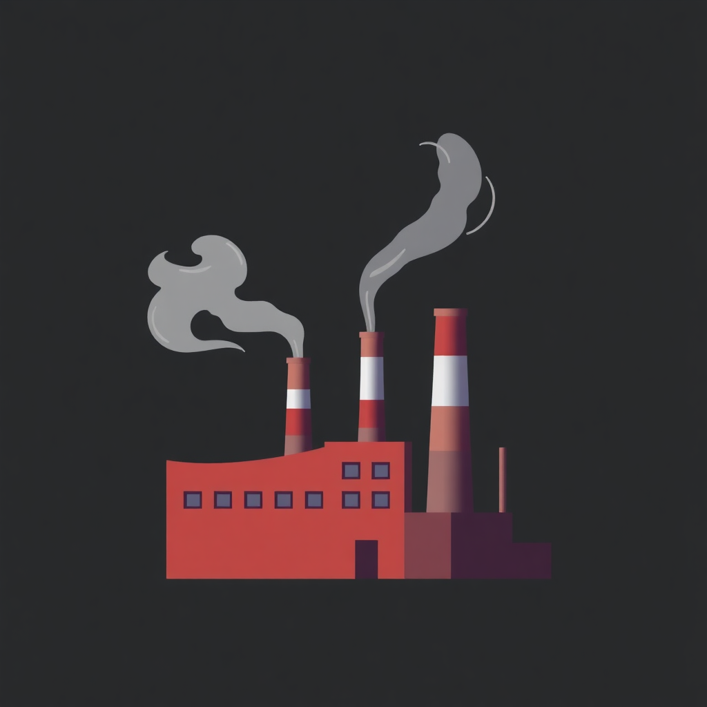 The image is an illustration of a factory with three tall chimneys. The chimneys are red and white striped and are emitting white smoke. The factory is red in color and has multiple windows on the side. The background is black. The image is square in shape and has a simple, flat design.