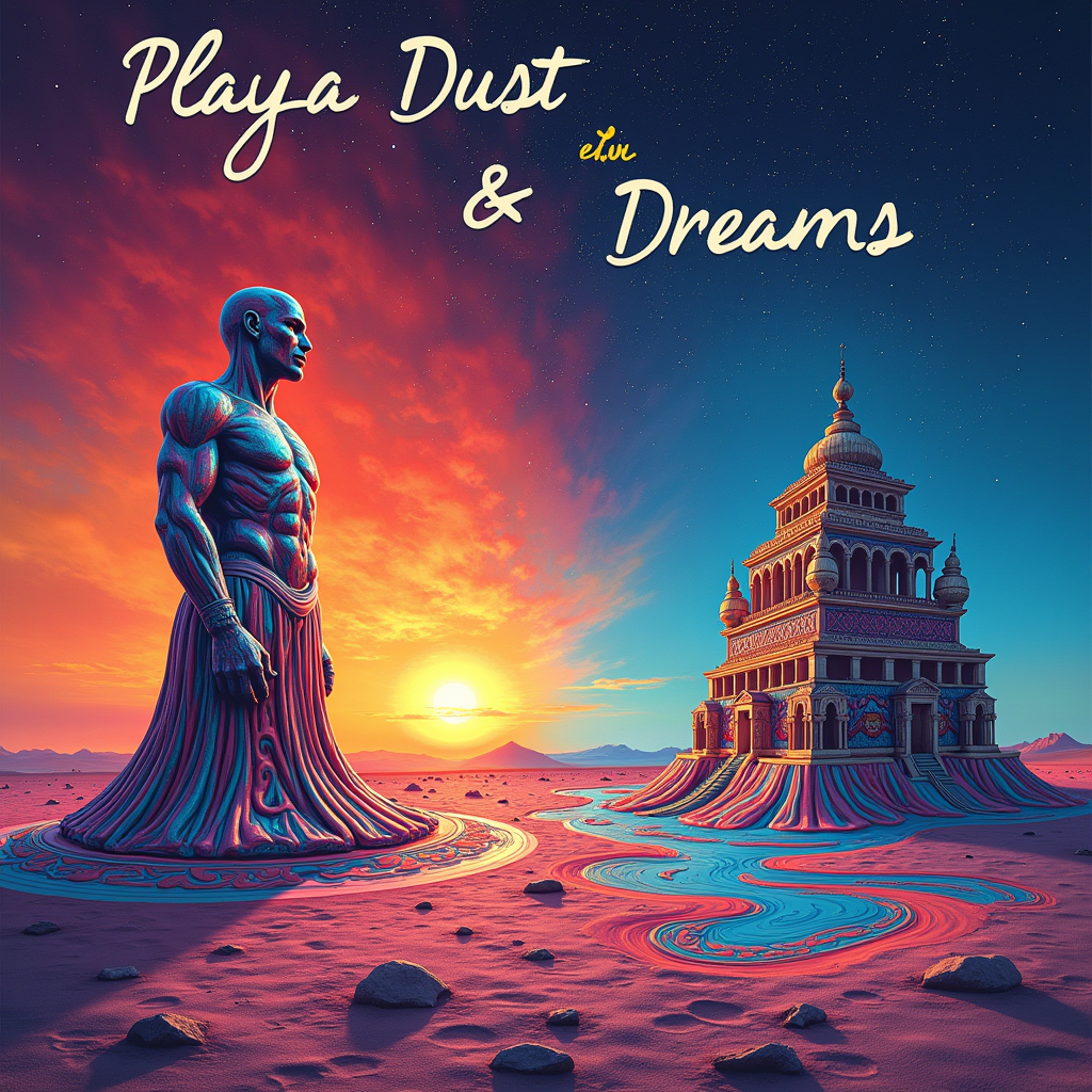 Surreal Playa Vista: A T-shirt design featuring iconic Burning Man art installations (like the Man or a temple) appearing to melt or distort under a psychedelic sunset or star-filled night sky. Swirling patterns represent playa dust, with the text 'Playa Dust & Dreams' subtly integrated into the landscape or sky.