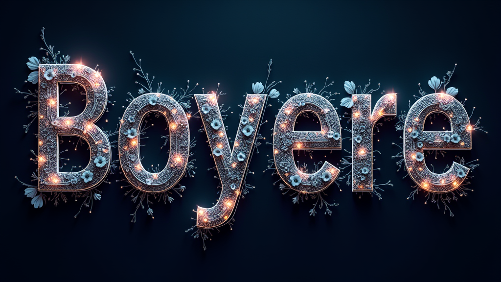 Floral Circuit Letters: A geometric or stencil font where letter strokes are composed of circuitry patterns that organically morph into delicate floral or petal shapes at various points, possibly with LED-like glow accents.