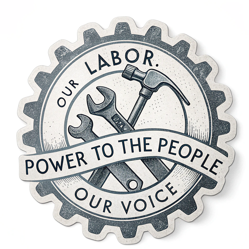 Create a sticker with imagery of interlocked worker's tools (e.g., hammer, wrench, and gear) forming a unified symbol of labor. The slogan 'Our Labor, Our Voice' is intertwined with these tools. 'Power to the People' is rendered in a stenciled, impactful font surrounding this central emblem.