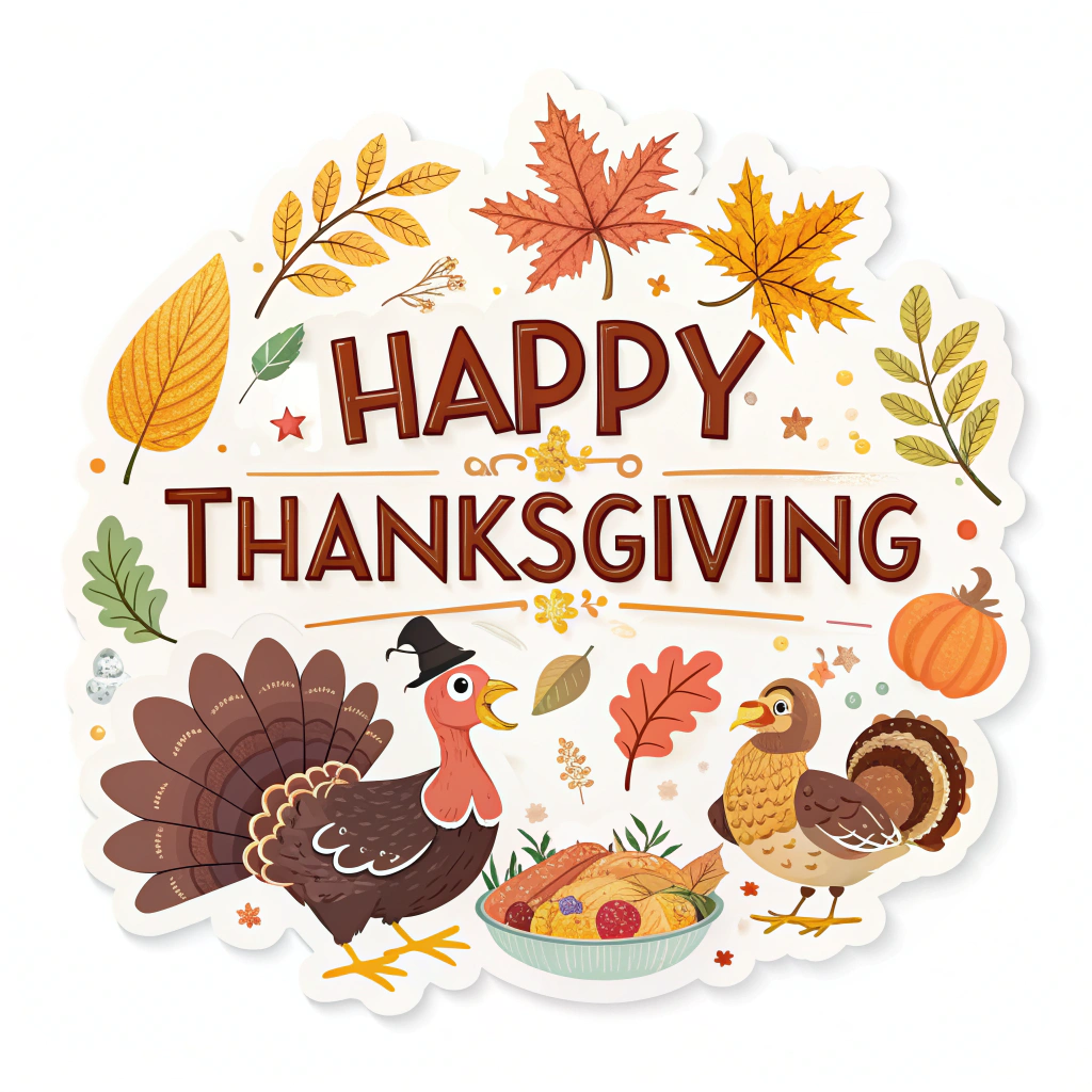 The image shows a poster with a white background featuring a happy Thanksgiving sticker with two turkeys, a bowl of food, leaves, and text.