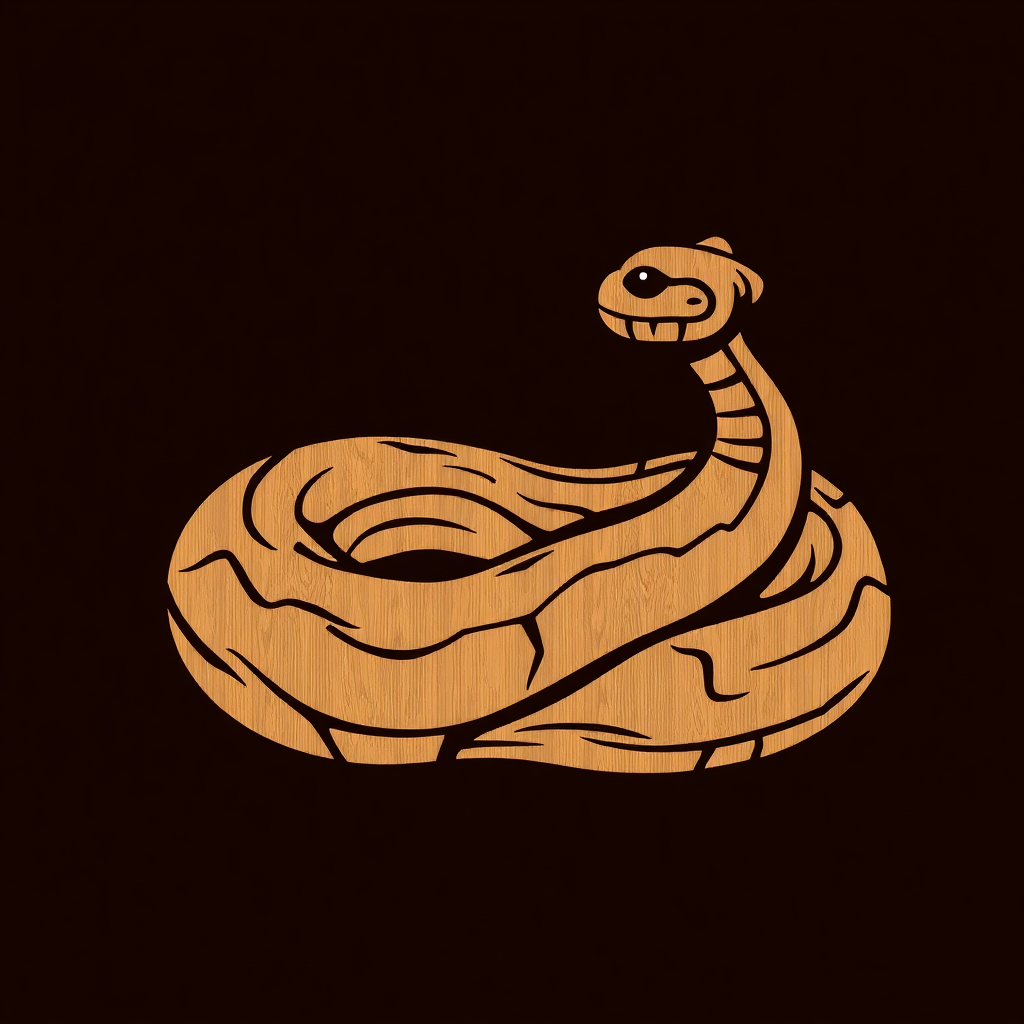 The image is a digital illustration of a snake. The snake is coiled up in a circular shape, with its body facing towards the right side of the image. The body of the snake is a light brown color, with darker brown stripes running along its length. The head is a darker brown color and has a small smiley face with two small eyes and a small nose. The background is black, making the snake stand out. The overall design is simple and minimalistic.