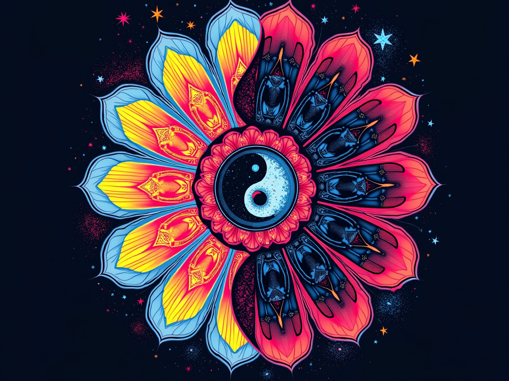 Yin-Yang Daisy Mandala: A split design where one half of the daisy mandala is in bright, daylight psychedelic colors and intricate patterns, while the other half is in darker, nocturnal anaglyph-style (red/cyan for 3D effect with glasses) or glowing deep-space psychedelic patterns. The center could be a contrasting eye or symbol.