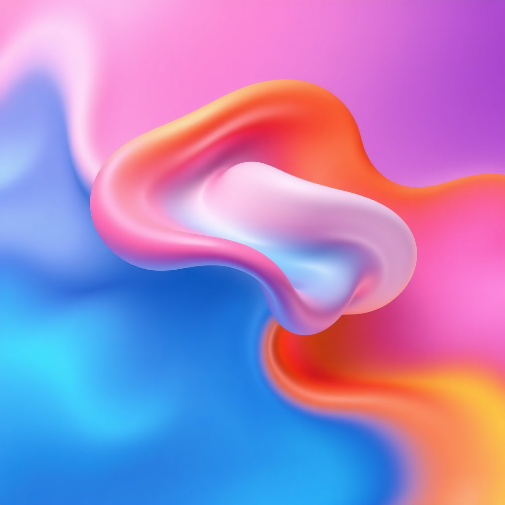 Fluid Spectrum Forms: Soft, amorphous shapes rendered in Pride flag gradients blend and flow into one another, representing the fluidity of identity and the interconnectedness within the global community.