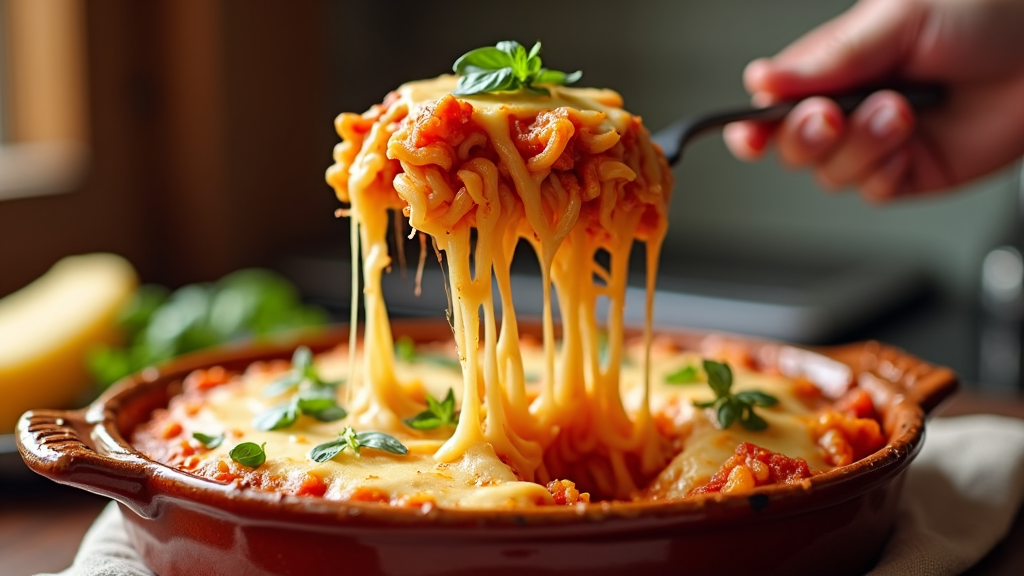 A delightful portion of baked ziti being pulled from a dish, showing the long strands of cheese stretching, tempting with each lift of the serving fork.