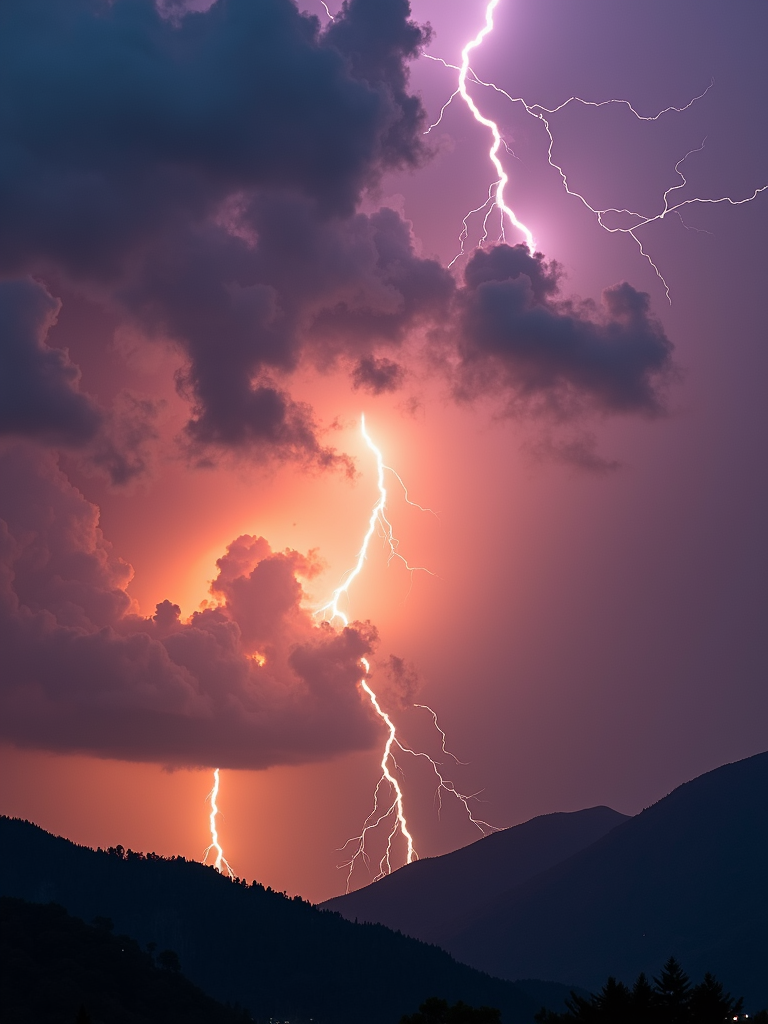 A vivid thunderstorm wallpaper paints the sky with a cascade of colors. Bold lightning strikes create a stunning contrast against clouds tinged with orange and purple twilight hues. The electric spectacle is framed by silhouetted mountains, completing a powerful image that encapsulates the vibrancy and vigor of nature at dusk.